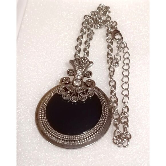 Vintage-Inspired Silver-Tone Pendant Necklace With Black Enamel & Rhinestone Acc - Picture 4 of 4